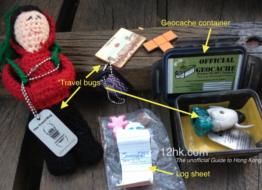 a geocache explained - container, 'travel bugs', log sheet